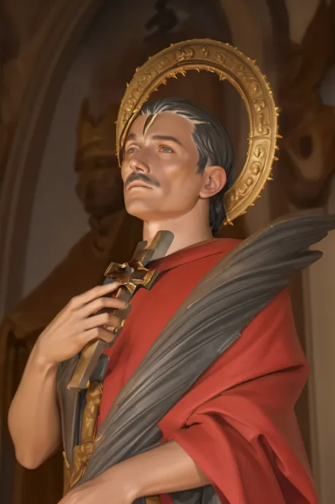 Statue of a man with a crown and a red robe, santo, christian saint, inspirado em Charles McAuley, portrait of saint of the pit, NPC com halo de santo, saint of the pit, NPC com um santohalo do,  macho com halo, a statue of a saint holding a cross. Santo b...