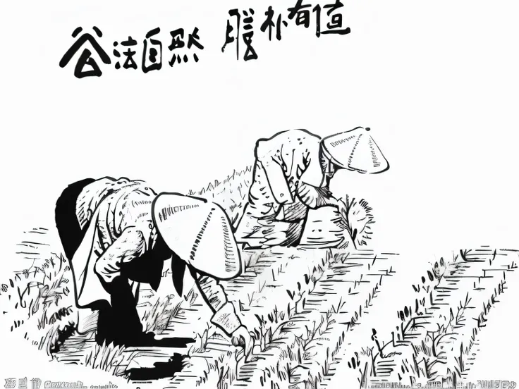 Black and white painting of peasants in the field, japanesse farmer, chinese brush pen illustration, inspired by Ren Xun, farmer, author：Wang yi, author：Cui Zizhong, author：Xia Gui, author：Sheng Maoye, ren xun and maruyama ōkyo, author：Li Kelan, villagers ...