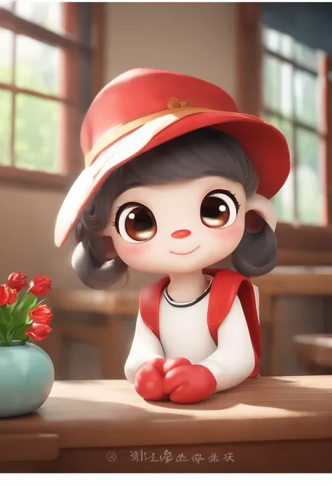 in class room，A cute little sheep sitting on a school desk。Its white fuzz shiny reflecting light，Looks soft and comfortable。But，Its two red nostrils and hot forehead reveal the discomfort of its cold。The little sheep wears a blue hat，A big red scarf hangs ...