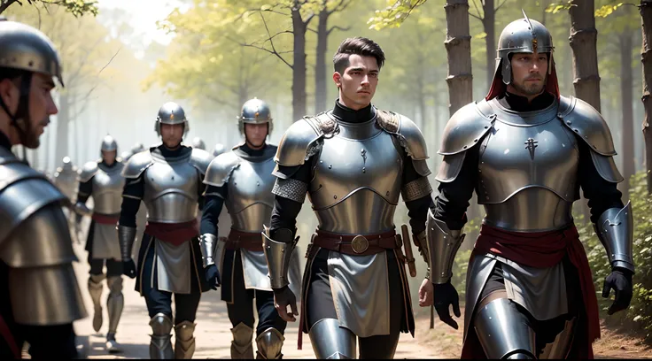 Several Roman soldiers, all male, metal armor, shields, marching in the forest --auto