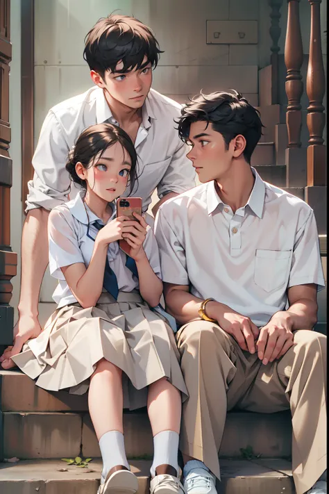 {{Male and female couples}}、Stairs in the house、sit on stairs、Girl in white shirt and tight skirt、The mans icy gaze、Boys School Uniform