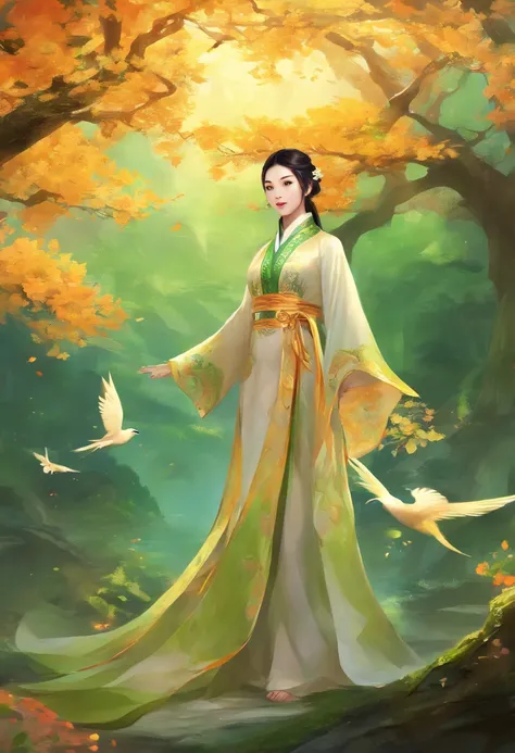 Wearing Chinese Han Dynasty costumes，Chinese fairy with loose black hair，verde claro，suns，Two swallows，bird nest，Tender green leaves，kite