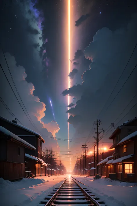 There is a train running along the tracks in the snow, Makoto Shinkais concept art, tumblr, magic realism, beautiful anime scenes, Cosmic sky. by makoto shinkai, ( ( makoto shinkai ) ), Anime background art, anime backgrounds, Makoto Shinkais style, anime ...