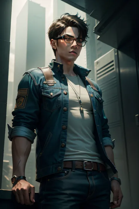 Confident and arrogant young boy, Asia face, The face is resolute, The facial features are handsome and delicate, mid - length hair, brown  hair, wears glasses, Wear an earring, Wear a cargo denim shirt on top, Wear khaki cargo pants on the bottom, 【There ...