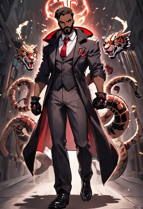 high resolution thick-line fighting game, splash-art character art (((Dark-skinned male))),((Nubian nose ,faded cut, well trimmed beard and mustache:2, black slacks, midnight vest and tie, crimson shirt, red mid - finger gloves, italian shoes and a capone ...