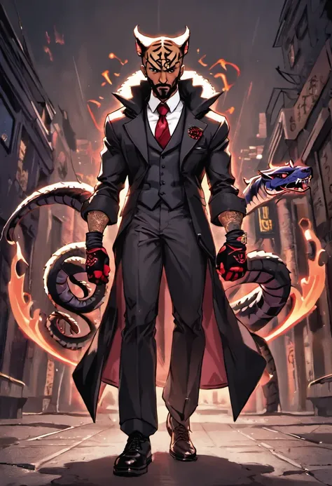 high resolution thick-line fighting game, splash-art character art (((Dark-skinned male))),((Nubian nose ,faded cut, well trimmed beard and mustache:2, black slacks, midnight vest and tie, crimson shirt, red mid - finger gloves, italian shoes and a capone ...