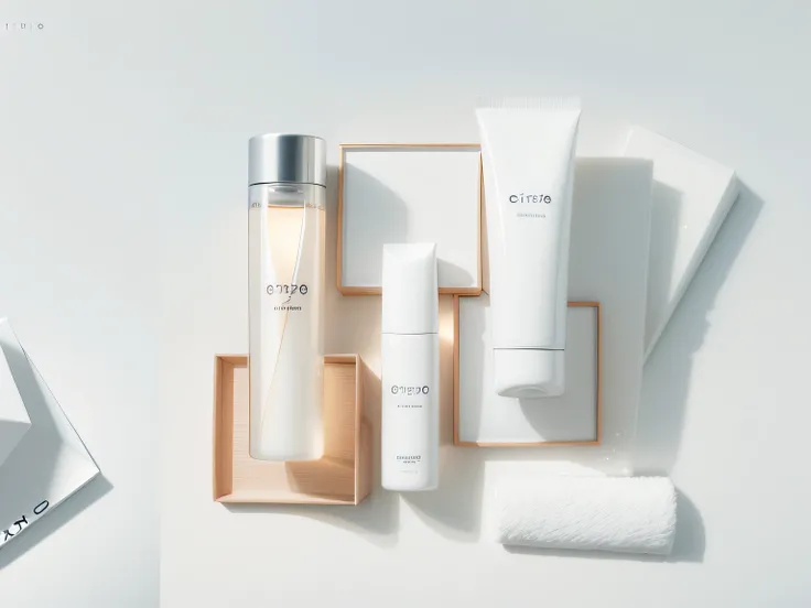 there are three different types of skin care products on a white surface, crisp smooth clean lines, clear refined, visually crisp & clear, japanese collection product, product photo, glossy from rain, collection product, crisp smooth lines, photoshoot for ...