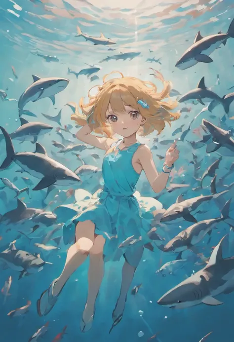 "Elegantly depicts a young girl，Surrounded by a school of mesmerizing sharks, (2 sharks),Like an elegant and tranquil Japanese ink painting."