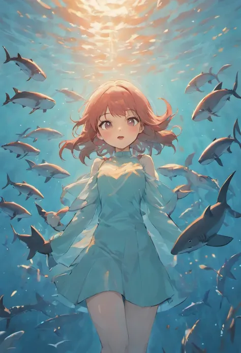 "Elegantly depicts a young girl，Surrounded by a school of mesmerizing sharks, (2 sharks),Like an elegant and tranquil Japanese ink painting."