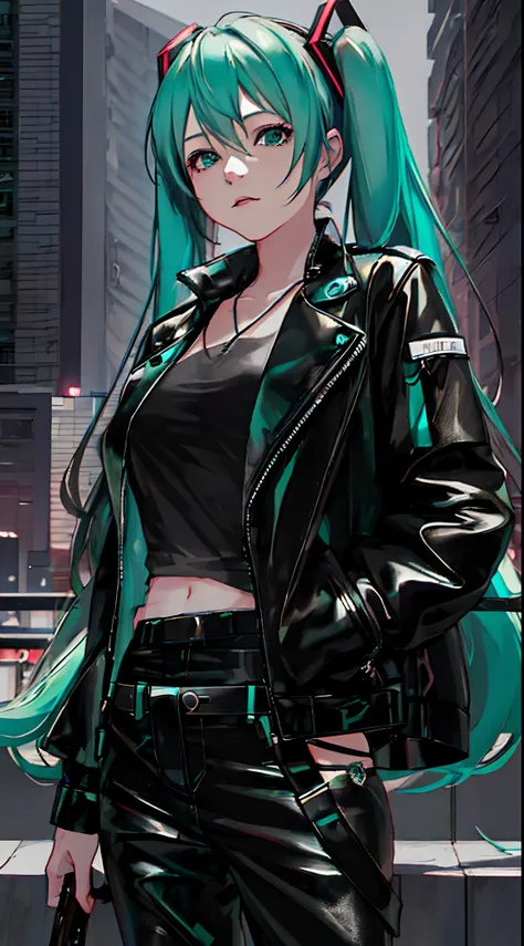 matured, hatsune miku, black leather jacket posing for a picture, anime style 4k, digital anime art, anime art, badass anime 8k,...