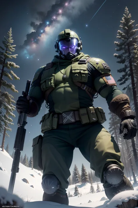 tuff guy survivalist, space marine uniform, budging muscles, helmet off, uniform torn, holding a futuristic rifle, dynamic pose,  hunting a slimy black-green and purple alien creature in foreground, creature attacking, some alien pine forest cover rocky ba...