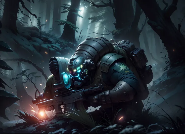 tuff guy survivalist, space marine uniform, budging muscles, helmet off, uniform torn, holding a futuristic rifle, dynamic pose,  hunting a slimy black-green and purple alien creature in foreground, creature attacking, some alien pine forest cover rocky ba...