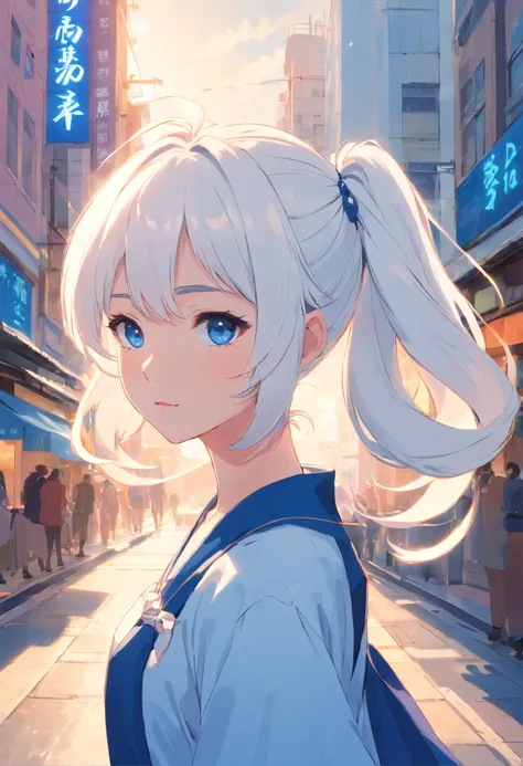 White color hair，Double ponytail curls，blue color eyes，White Lolita，Beth，A bustling city street