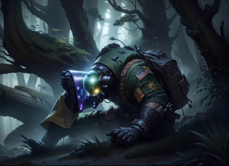 tuff guy survivalist, space marine uniform, budging muscles, helmet off, uniform torn, holding a futuristic rifle, dynamic pose,  hunting a slimy black-green and purple alien creature in foreground, creature attacking, some alien pine forest cover rocky ba...