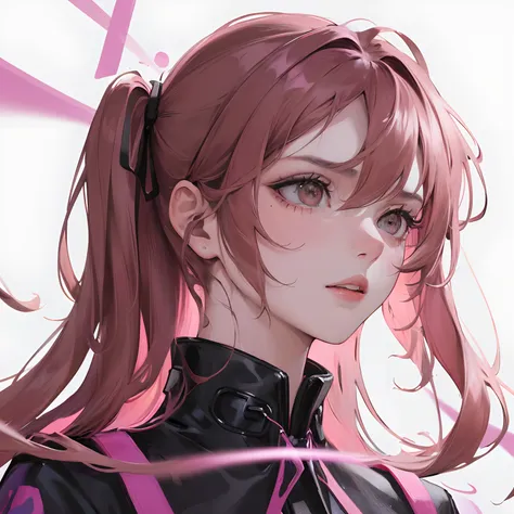 (Highest resolution, distinct_image) Best quality, A masterpiece of women, Highly detailed, Half realistic,(Most of the body),Pink Long Hair, bangs, 18 years old, Young,Black accessories,Pink-purple flight suit,stand-up collared shirt,sharpy face,(Brown ey...