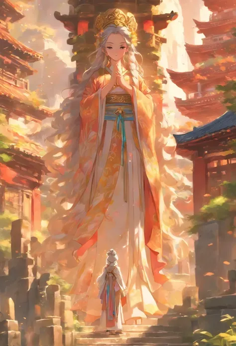 In a quiet village，A young girl in antique costume stands in front of an ancient temple。She looked up at the huge figure of God high above。，The statue of the god is majestic and majestic，As if beyond mortal dust。God is a young man，He wears gorgeous Hanfu，M...