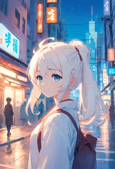 White color hair，Double ponytail curls，blue color eyes，White Lolita，Beth，A bustling city street