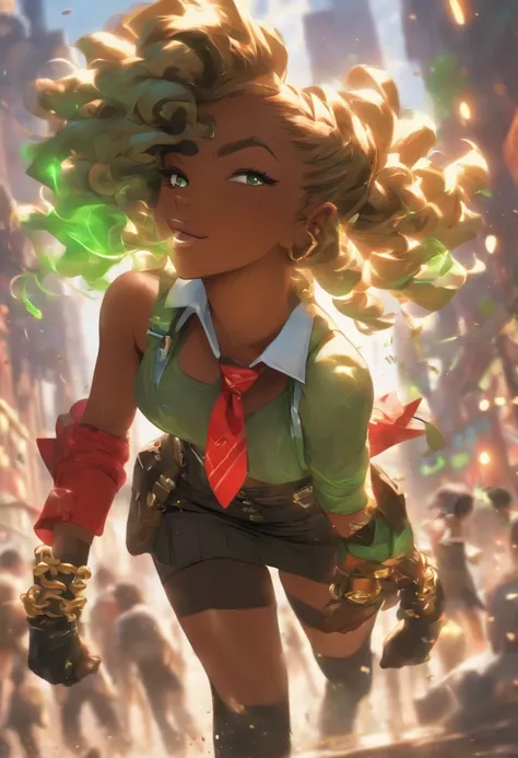 high resolution thick-line fighting game character splash-art (dark-skinned female) , nubian button nose, heart shaped face, full lips, green curly hair, . Wood tone skin, emerald eyes, soft physique, medium square body type, full breast, heart shaped rear...