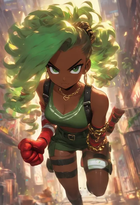 high resolution thick-line fighting game character splash-art (dark-skinned female) , nubian button nose, heart shaped face, full lips, green curly hair, . Wood tone skin, emerald eyes, soft physique, medium square body type, full breast, heart shaped rear...