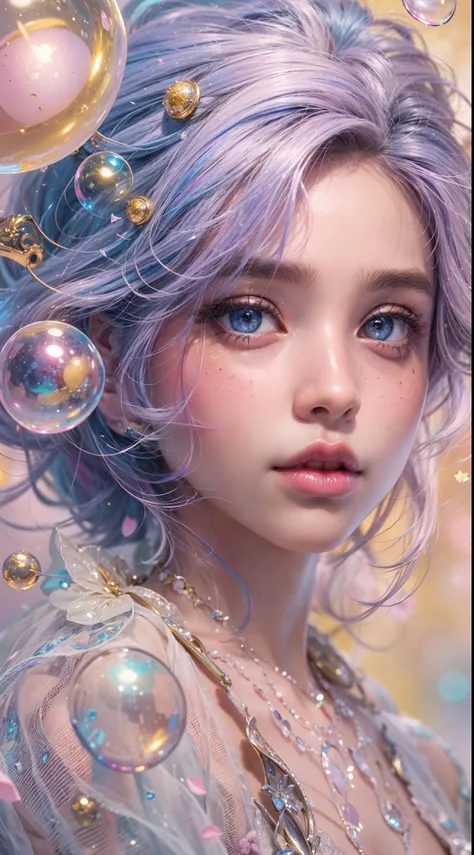 ((masterpiece)). This artwork is sweet, dreamy and ethereal, with soft pink watercolor hues and candy accents. Generate a delicate and demure fae exploring a (bubblegum world with a wide variety of pastel shades). Her sweet face is extremely detailed and r...