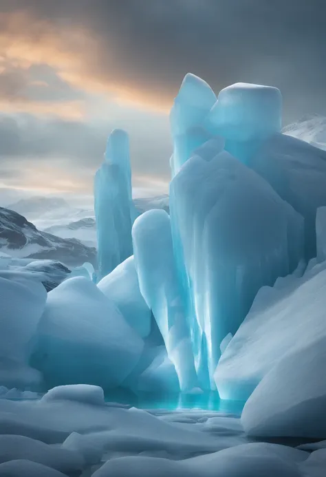 concept art inspired by Johfra Bosschart, Trend of CGsociety, Digital art, closeup cinematic aquatic scene, pillars of ice background, 3 d render and matte painting, luminescent matte painting, organic matte painting, Icebergs, surreal frozen landscape, ic...