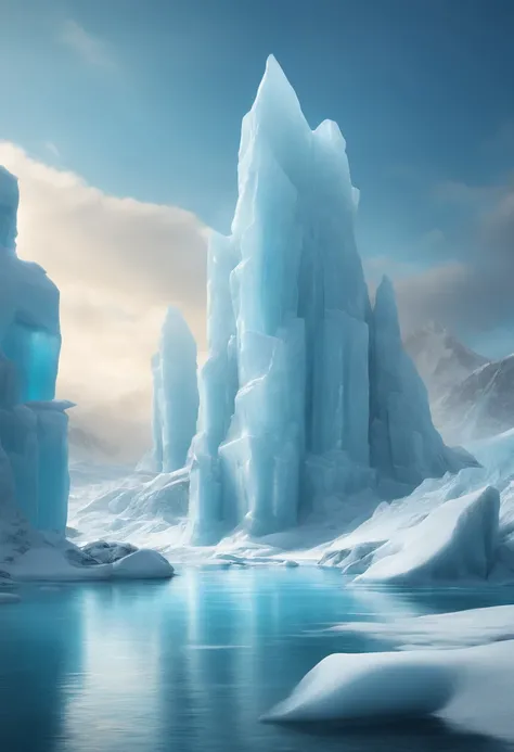 concept art inspired by Johfra Bosschart, Trend of CGsociety, Digital art, closeup cinematic aquatic scene, pillars of ice background, 3 d render and matte painting, luminescent matte painting, organic matte painting, Icebergs, surreal frozen landscape, ic...