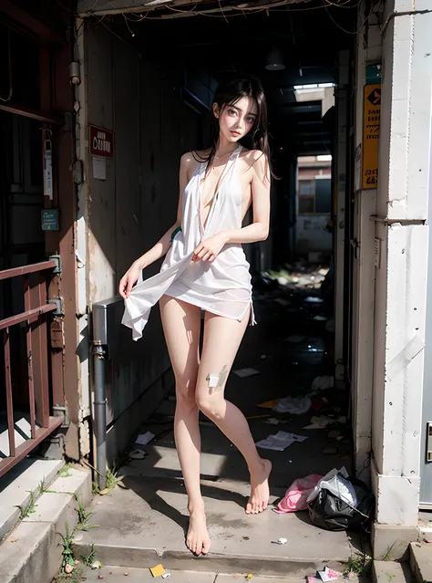 tmasterpiece，Abandoned building stairwell，Garbage all over the ground，grimy，full-body portraits，Sexy standing pose，Slim legs，very beautiful long slim legs，The barefoot，Naked all over the body，full body exposed，exhibitionists，Systemic random exposure