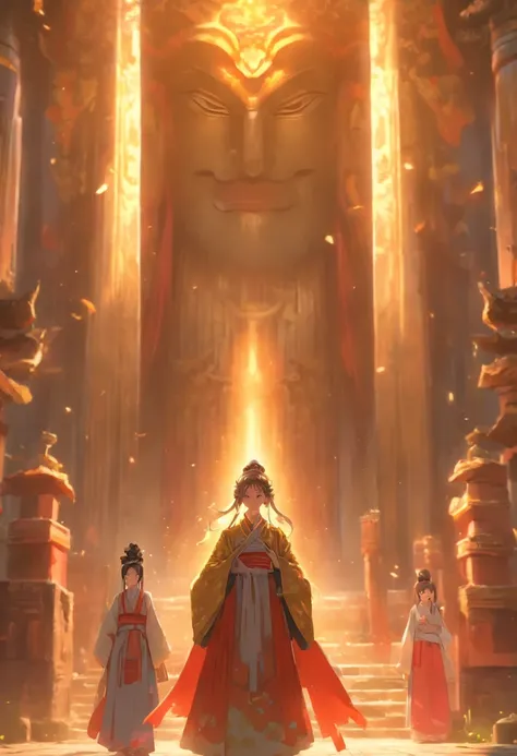 In a quiet village，A young girl in antique costume stands in front of an ancient temple。She looked up at the huge figure of God high above。，The statue of the god is majestic and majestic，As if beyond mortal dust。God is a young man，He wears gorgeous Hanfu，M...