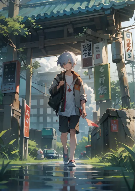 1boy,Mans ,Cyberpunk Boy、silber hair、poneyTail、The beginning of the adventure、Dragon in the sky、Magic Hour with Clouds,Beautiful fireworks、ruined and devastated city、Complex Japan buildings、school buildings、temple、shrines、railroad crossing、Bus stop、Trees、W...