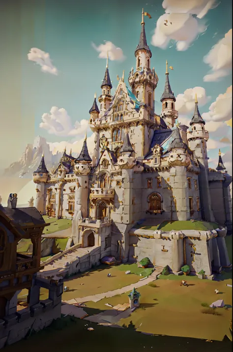 European castle，grandiose buildings，Rolling hills，super detailed color lowpoly art,painted as a game concept art, 3 d render stylized,