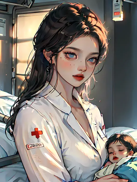 two characters, 1 woman laying down on a hospital bed, blue eyes, light brown skin, Mexican short black hair, holding a cute sleeping baby on her arms , wearing hospital gown, hospital, red cross, high res, ultrasharp, 8k, masterpiece