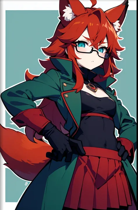 softly toned young adult, small breasts, short scruffy red hair, fox girl, pale blue eyes and black glasses, sad, wearing a dark green coat, red comfy undershirt, long black pleated skirt, black autumn gloves