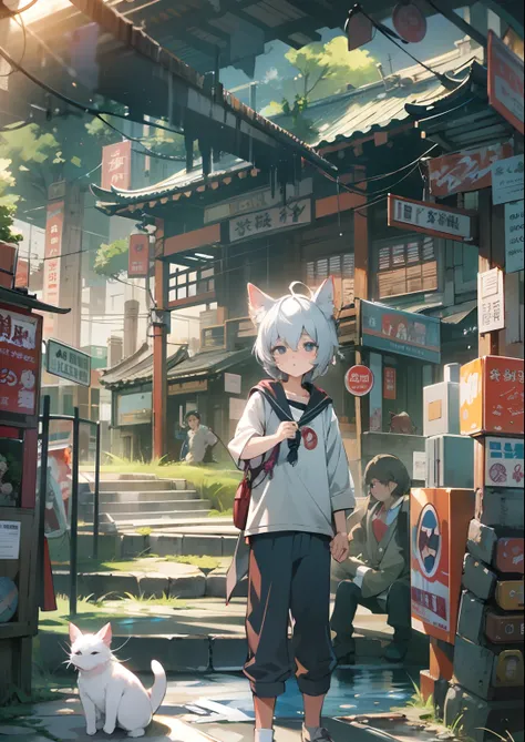 1boy,Mans ,Cyberpunk Boy、silber hair、cat ear、poneyTail、The beginning of the adventure、Dragon in the sky、Magic Hour with Clouds,Beautiful fireworks、ruined and devastated city、Complex Japan buildings、school buildings、temple、shrines、railroad crossing、Bus stop...