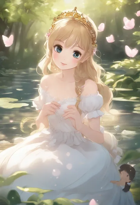 2010s anime, a girl, a princess
wearing a golden crown and a white pink dress looks at a small and cute cartoon black cat, gazing at each other,standing in the clear river water of the forest, sunny days, tyndall effect, lateral face, close up, close shot:...