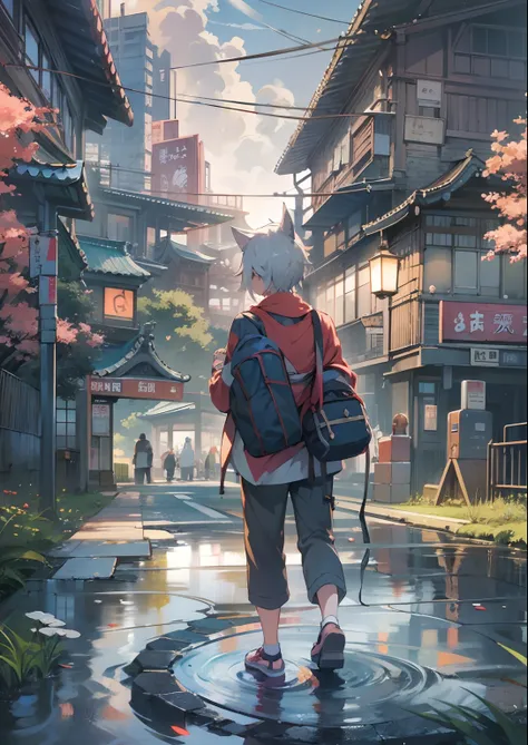 1boy,Mans ,Cyberpunk Boy、silber hair、cat ear、poneyTail、The beginning of the adventure、Dragon in the sky、Magic Hour with Clouds,Beautiful fireworks、ruined and devastated city、Complex Japan buildings、school buildings、temple、shrines、railroad crossing、Bus stop...