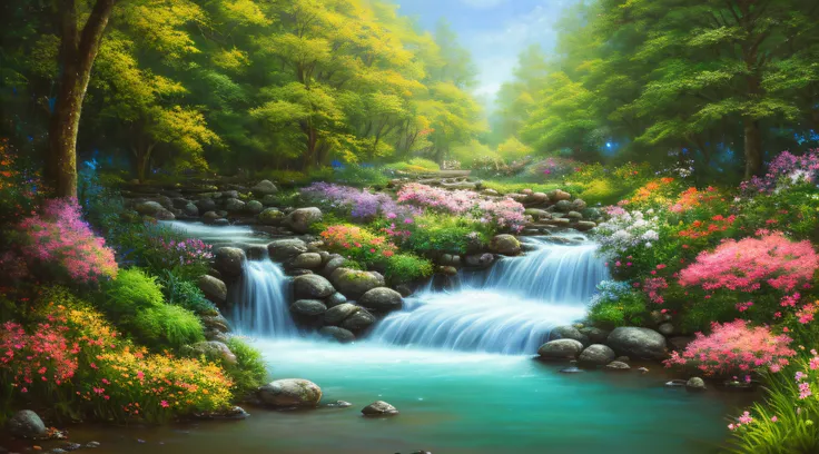 masterpiece, best quality, high quality,extremely detailed CG unity 8k wallpaper, An enchanting and dreamy scene of a fantasy forest, beautiful cottage beside a stream,a stone bridge,with towering trees, swans in the water,  glowing flowers, and hidden fai...