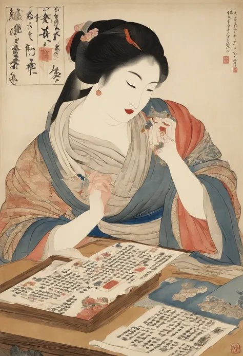 I play a board game、without background、simple background、Best Quality, Kitagawa Utamaros style, ukiyoe painting, Woman playing cards,