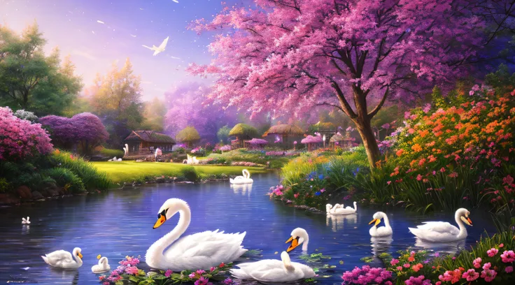 masterpiece, best quality, high quality,extremely detailed CG unity 8k wallpaper, An enchanting and dreamy scene of a fantasy garden, (((swan family in the water 1.4))), glowing flowers, and hidden fairy glens, creating a sense of mystique and enchantment,...