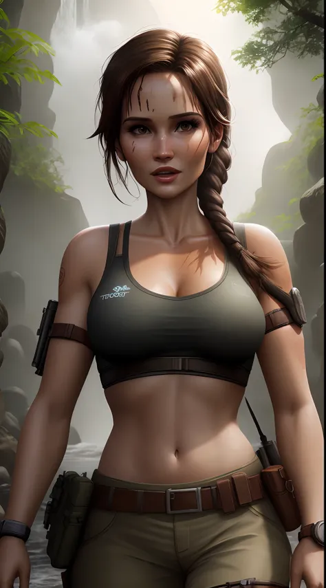 Lara Croft floresta flecha roupa curta riacho tomb Raiders chuva sol cabelos molhado meio dia 4k cachoeira