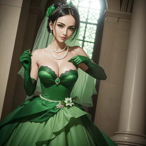 Green Dress Flower Cleanser，Sense of atmosphere, best qualtiy，tmasterpiece，1girll，30-years old，Green dress，Daytime Church，full body Esbian, Green gloves，With short black hair，big breasts beautiful，looking at viewert，ssmile，Green Bridal Veil，Green Long Grov...