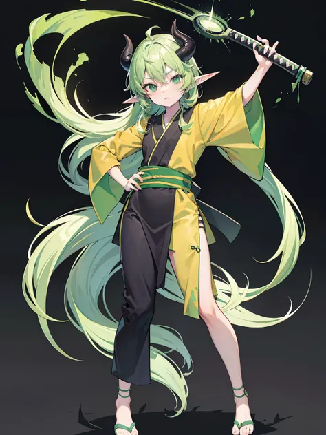 (masterpiece), top quality, super high resolution, cute facial features, flat design, green theme, lime green rennegan eye to the right and sharingan eye to the right, (sleepy eyes: 1.1), (cute ninja clothes) ( with a katana at the back), cute, one hand on...