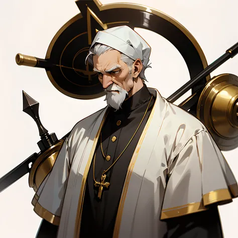 hightquality、detaileds、A old man、skin tanned、Pure white background、Black and gold religious clothing、Standing、Upper body is shown、Alone、Angle close to the target、Allback gray hair、