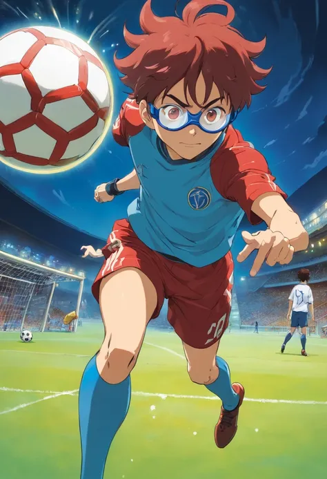 homem, cabelo vermelho, wearing goggles, olhos iluminados, kicking a ball too hard, partida de futebol, Blue Lock manga style