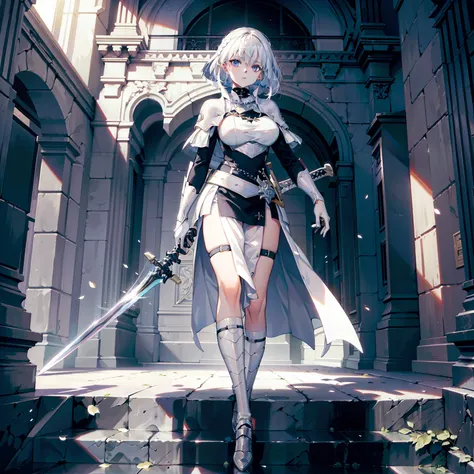 a white-haired woman, masterpiece, high quality, having a big sword, (highest image quality 8k)