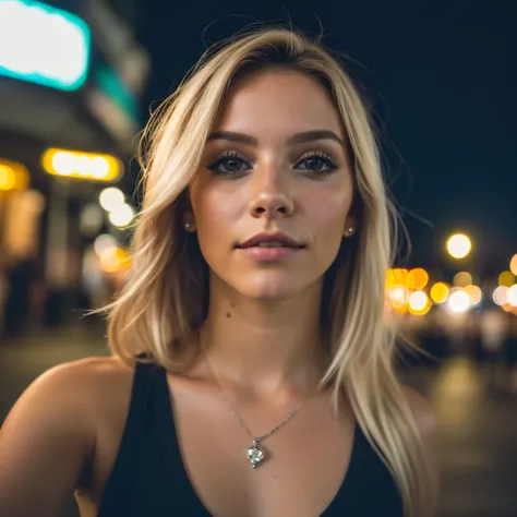 (Selfie, Vista superior: 1.4), (mitad recta del cuerpo: 4.4), RAW uhd portrait photo of a 24 year old blonde (Mujer de ojos cafes) Caminando por la discoteca, senos grandes,, Ciudad de noche, (lencere), (escote), Detalles (Texturas! , cabello! , brillar, C...