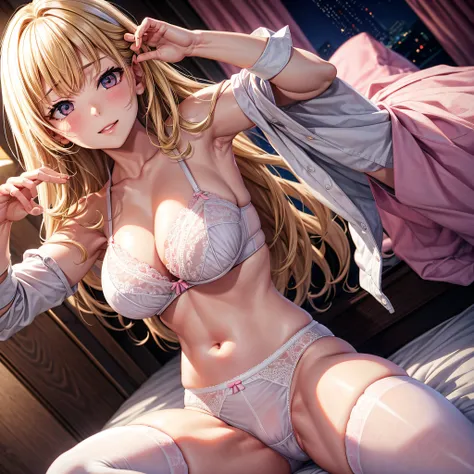 Best Quality, Live Action, Gaijin, Underwear Woman, Two, Blonde, Super Big, White Bra, White Underwear, White Stockings, Pink Underwear, Pink Bra Hotel Room, Night View