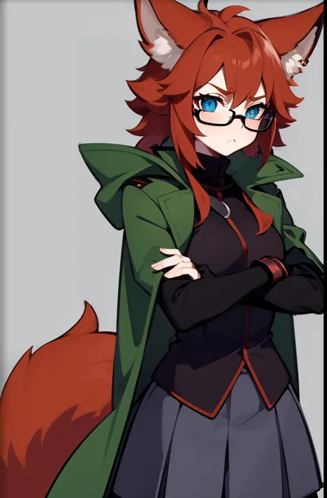 softly toned young adult, small breasts, short scruffy red hair, fox girl, pale blue eyes and black glasses, pouting crossed arms, wearing a dark green coat, red comfy undershirt, long black pleated skirt, black autumn gloves