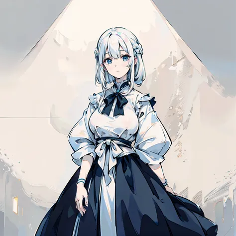 A white-haired woman, masterpiece, high quality, (Highest image quality 8K), standing in front of wall art