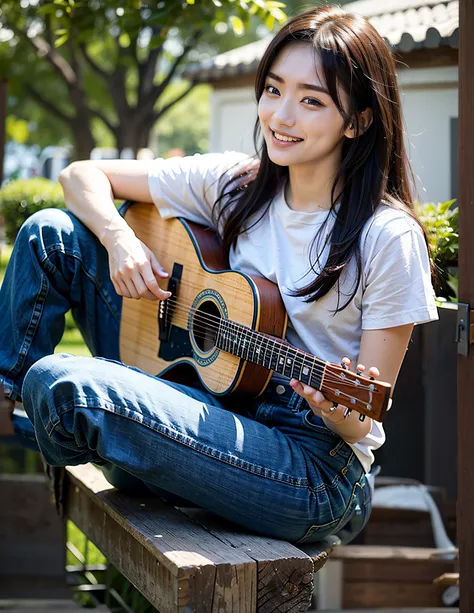 tshirts、denim、Have a guitar、Natural arms、Natural body、Natural feet、sitting on