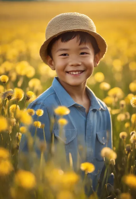 (zh-CN) farm land, Morning dew, Sun-roasted wheat field, Dandelions in bloom leisurely, (1 boy), A big smiling face in the bright sun, Wear light cotton clothing, Blue shirt, Kind and natural.